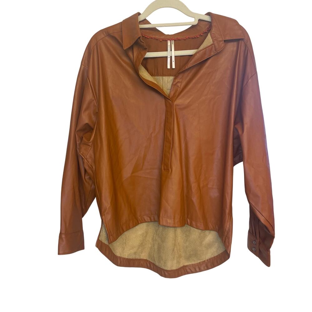 Anthropologie Faux Leather Long Sleeve Collared Shirt in Cedar Brown Small - Picture 2 of 7